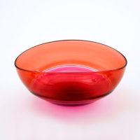 Antique Rose and Peach Oval Encalmo Red Glass Bowl Tilted View