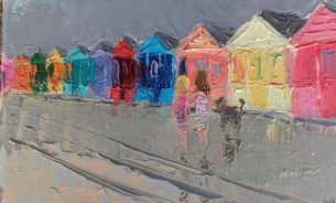 Robert Leach impressionist oil painting for sale Southwold Beach Huts Close Up