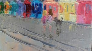 Robert Leach impressionist painting for sale Southwold Beach Huts Close Up
