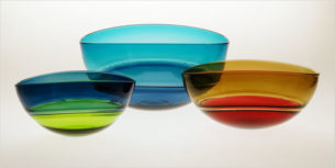 Blue Glass Bowls 'Turquoise Steel' Oval Encalmo Bowl by Stewart Hearn